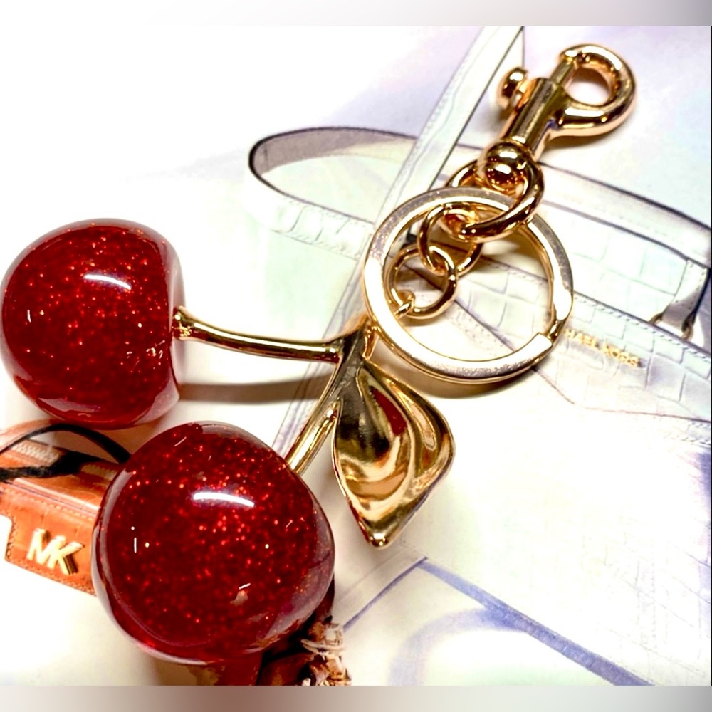 Big Quality Glitter Red Cherry & Gold Keychain